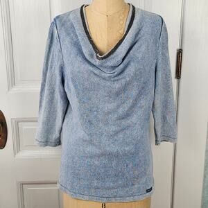 Blue Willis cowl neck knit 3/4 sleeve sweater beaded neckline Small VGUC